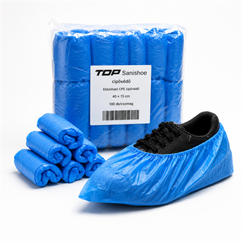 Cipővédő TOP SANISHOE gumírozott CPE, kék, 100db/csomag