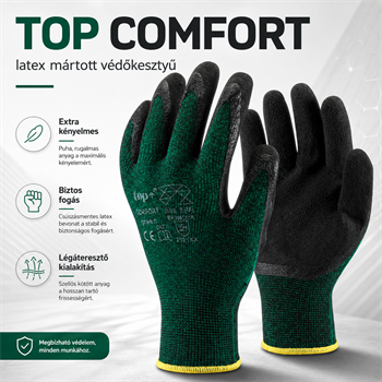 TOP COMFORT latex mártott védőkesztyű, PE és Spandex alapú, extra kényelmes