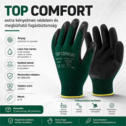 TOP COMFORT latex mártott védőkesztyű, PE és Spandex alapú, extra kényelmes