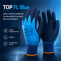 TOP FL Blue latex mártott poliészter kesztyű, gumírozott mandzsetta