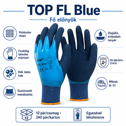 TOP FL Blue latex mártott poliészter kesztyű, gumírozott mandzsetta