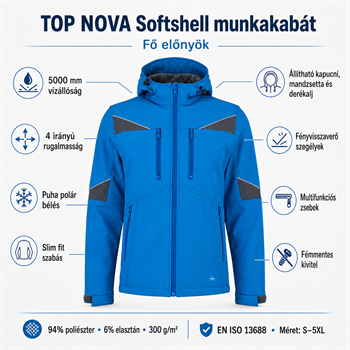 TOP NOVA softshell munkakabát, 94% poliészter, 6% elasztán, vízálló